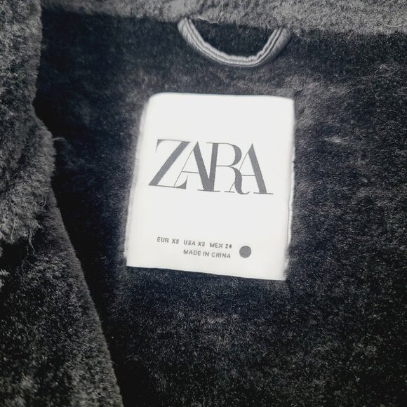 Zara Women's Black Aviator Faux Leather Shearling Double-Faced Biker Jacket XS - Picture 7 of 11